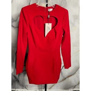 Oh Polly Luciana Heart Cut-Out Long Sleeve Midi Dress in Fire Red Size 4 (UK 8)